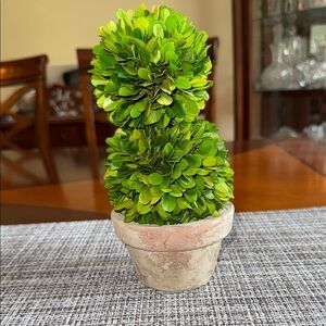Green Faux Topiary Plant in Stone Pot